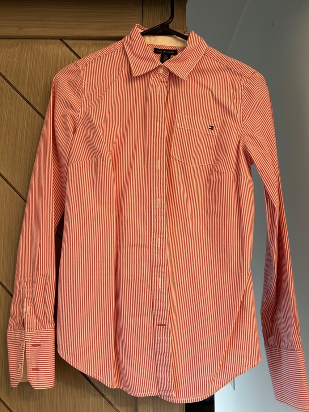 Tommy Hilfiger Women's Red and White Pinstripe Button-Up Shirt